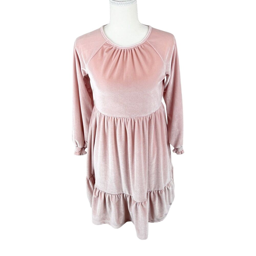 Dip Dress Youth Large 12-14 Pink Victorian Velvet A-Line Ruffled Casual Girls